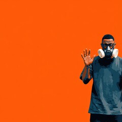 A man wearing a gas mask stands against a bright orange background, signaling a message of caution or awareness.