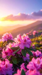 Pink Rhododendrons in Bloom at Sunrise - A Mountain Landscape.