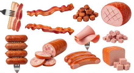 Assorted cured meats and bacon isolated on a transparent background