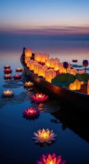 Colorful Floating Lanterns on Calm Water with Lotus Flowers at Sunset