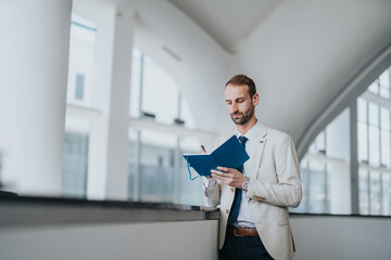 A focused executive stands in a bright, modern office lobby, reading a blue notebook. Calm mood, professional attire, and open space suggest planning, organization, and corporate poise.