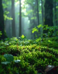 Sunlit Forest Floor Displaying Moss and Young Sprouts with a Soft Focus Background