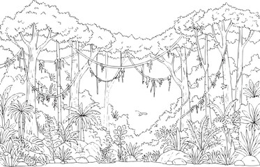 Obraz premium Intricate Rainforest Canopy Line Art Illustration with Hanging V