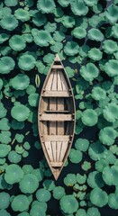 Wooden Boat Floating on Green Water Lilies in Calm Pond