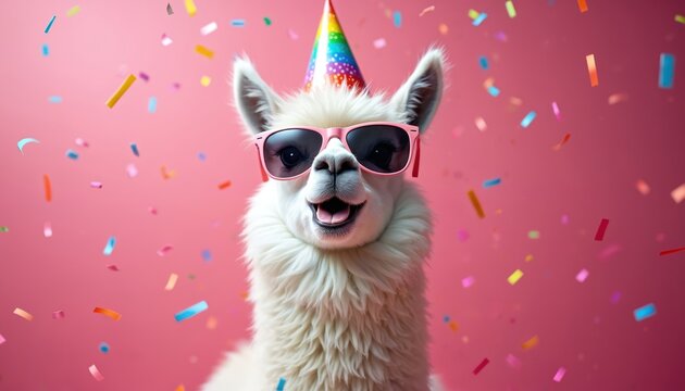 White fluffy llama wears cool pink sunglasses, colorful rainbow party hat. Bright confetti falls around happy animal against vibrant pink background. Funny alpaca enjoys fun celebration bash with big
