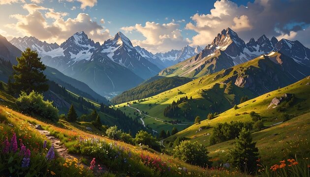 A scenic vista showcasing rolling green hills, a flower-filled meadow, and majestic, snow-capped mountains bathed in sunlight - Powered by Adobe