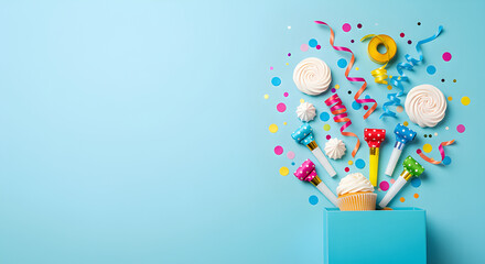 Party Explosion Concept: Confetti, Streamers, and Sweets Flying Out of a Blue Box