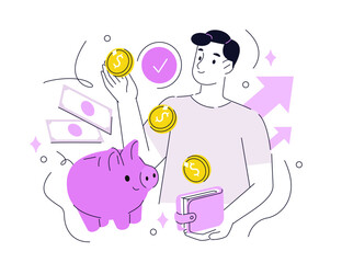 Cashback refund concept. Character holding piggy bank, wallet and receiving money back after online purchases, payments. Vector outline illustration.
