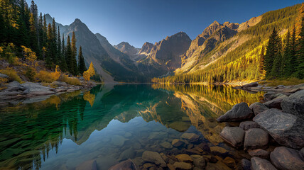 Serene mountain lake reflects majestic peaks and autumn foliage under a clear blue sky, showcasing natures breathtaking beauty and tranquility