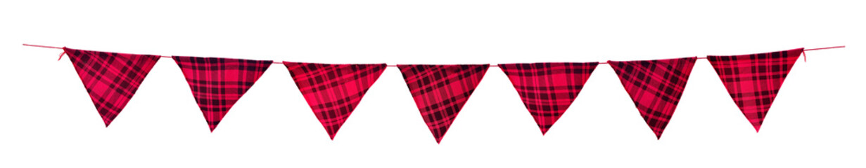 Fototapeta premium Versatile Red and Black Plaid Bunting. Plaid Triangle Bunting Banner Decorative Pull Flag. Parties Birthdays and Christmas Chic Pennant Garland