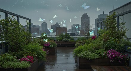 Fototapeta premium Numerous glowing butterflies flutter above a rain-soaked urban rooftop garden against a city skyline backdrop