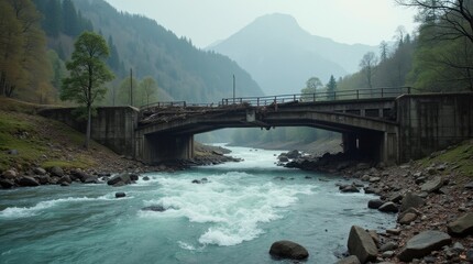 A collapsed bridge over a rushing river with debris in the water.
