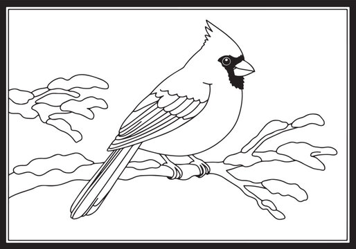Black and white line art of a cardinal bird perched on a tree br