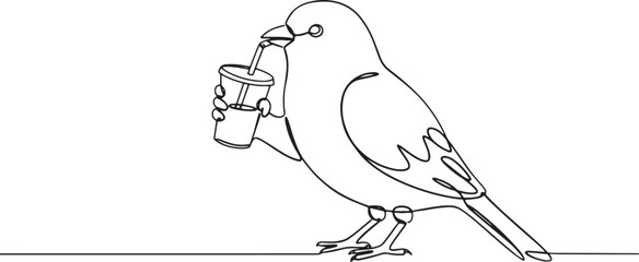 Obraz premium Minimalist yellow bird line art illustration sipping a refreshin