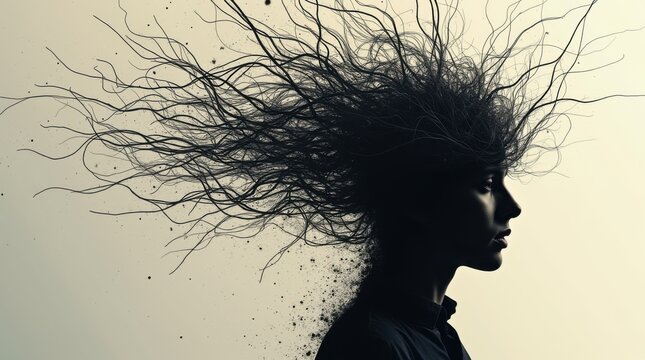 A human silhouette head exploding into a chaotic storm of tangled lines.
