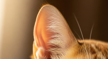 Close-up of a Cat's Orange Ear and Whisker in Warm Light
An extreme, warm-toned close-up focusing sharply on the ear of an orange or ginger cat (or similar small mammal)
