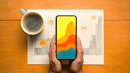 Venture capitalist's hands reviewing a startup pitch deck sleek smartphone and coffee on desk investment funding and fintech innovation concept