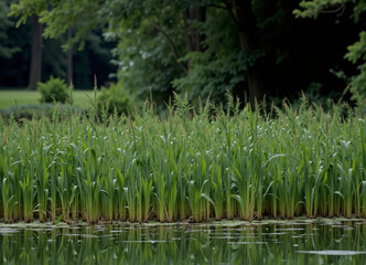 Fototapeta premium Lush green reeds growing by the tranquil water reflecting trees 