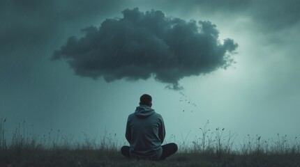 A sad person sitting under a personal, localized rain cloud.
