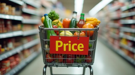 A shopping cart overflowing with groceries that has a dramatically high price tag.
