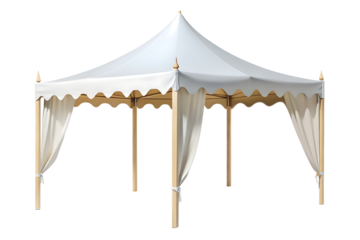 Elegant white canvas event tent with decorative scalloped edges and flowing drapes isolated on transparent background