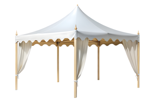 Elegant white canvas event tent with decorative scalloped edges and flowing drapes isolated on transparent background