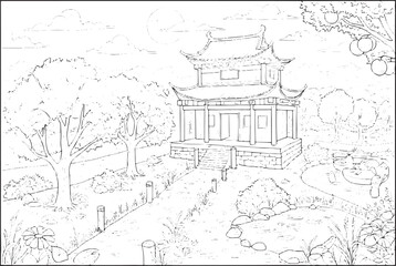 Fototapeta premium Line Art Landscape of Asian Temple with Garden and Mountains Bac