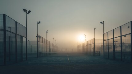 Evening fog envelops empty sports courts at sunset near a city park