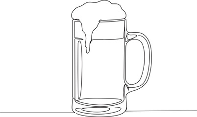 Single line drawing of beer stein with foam overflowing on white