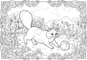 Obraz premium Playful japanese bobtail cat illustration in ornamental garden l