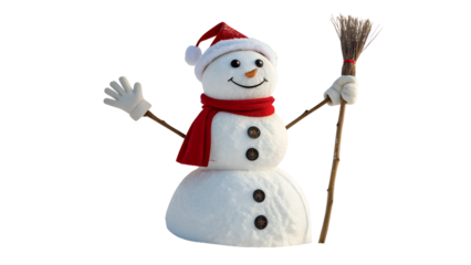 A cheerful snowman wearing a Santa hat and red scarf waves while holding a broom, isolated on a transparent background, ready for winter holidays.