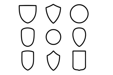 Various shield shapes and designs in black outlines arranged in a grid format on a white background