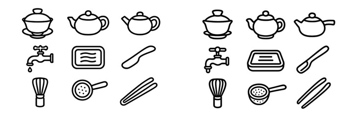 Various kitchen utensils and tea-related items arranged in a pattern for a cooking or tea brewing theme