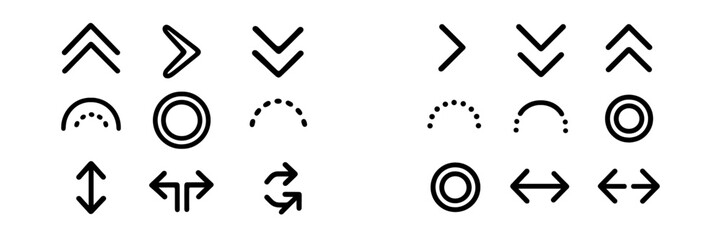 Various directional symbols and icons designed for navigation and guidance in various applications