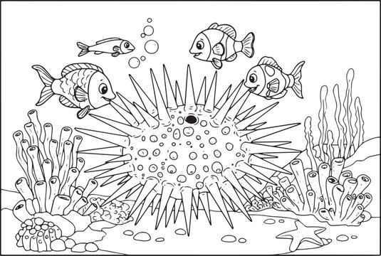 Underwater scene coloring page with various fish sea urchin cora