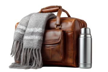Brown leather travel bag with scarf and thermos, isolated on white background
