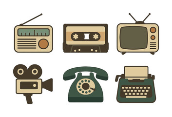 Vector Vintage technology icons: radio, cassette, tv, camera, phone, typewriter