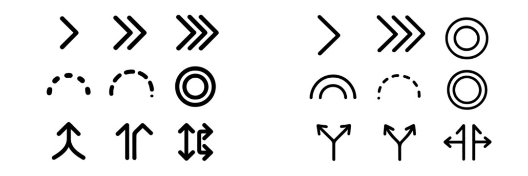 Directional symbols designed for navigation and guidance in digital interfaces and printed materials