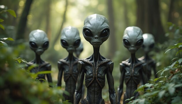 Group of grey aliens emerge from dense green forest foliage. Extraterrestrial beings stand close together, observing their surroundings. Mysterious creature encounter in nature setting. - Powered by Adobe