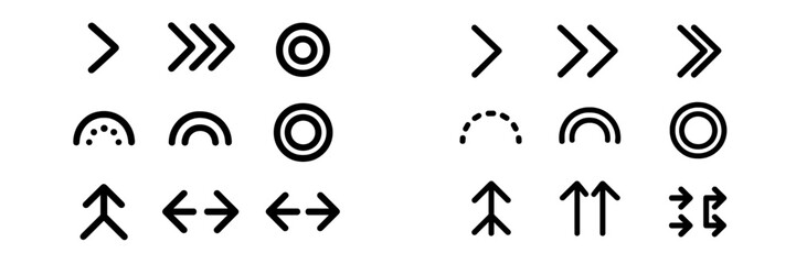 Directional symbols in black and white showcasing various arrow and circular shapes for design use