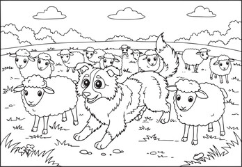 Black and white illustration of a dog herding sheep in a field o