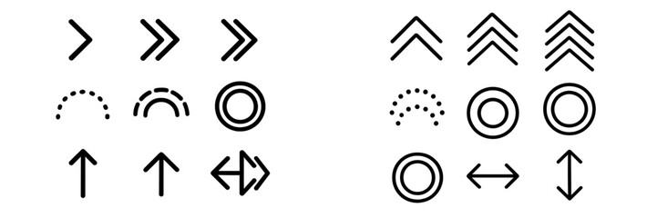 Graphic design elements with various directional arrows and circular shapes in black and white on a simple background