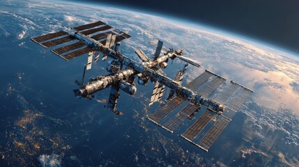 Fototapeta premium Spaceship drifts in earth's cosmic embrace at orbital heights. Feature story. Galactic odyssey: cargo vessel with radiant nebulas in earth's path. Genuine view. News style.