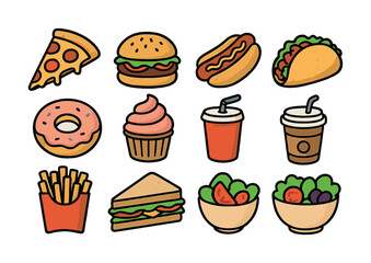 Cartoon fast food icons featuring pizza, burger, hot dog, taco, donut, cupcake, and beverages