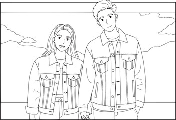 Charming outlined couple in matching denim jackets holding hands