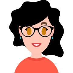 Close-up Portrait Of A Woman With Black Wavy Hair Wearing Glasses And An Orange Shirt Smiling Against A White Background Flat Design