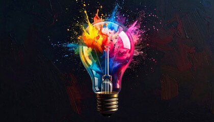 A large light bulb shape is filled with bright, exploding colors of paint, set against a dark, textured background