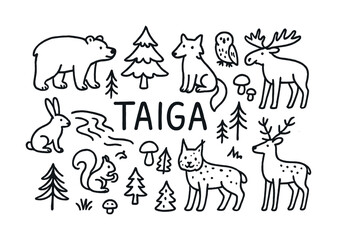 Obraz premium Black and white taiga forest animals with trees and plants