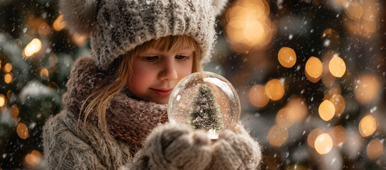 Child Holding a Snow Globe with a Christmas Tree