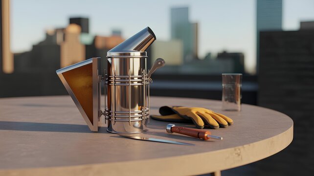 Urban beekeeping equipment, smoker, hive tool, and gloves with a city skyline backdrop